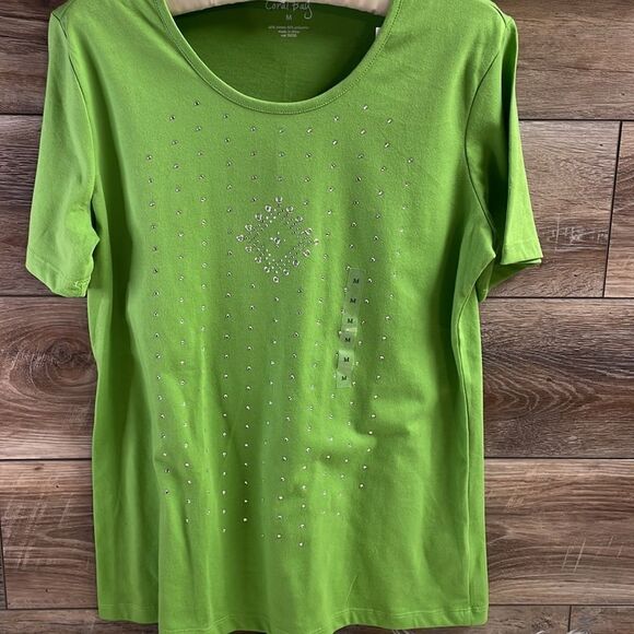 CORAL BAY Ladies Scoop Neck Rhinestones Top, Size Medium Bright Green NWT - Picture 5 of 9